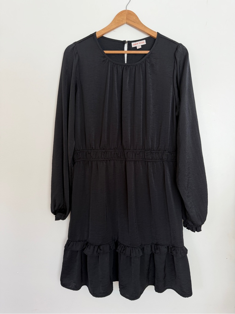 Knox Rose Black Long-Sleeve Smocked Waist Ruffle Hem Dress Sz L - Picture 3 of 7